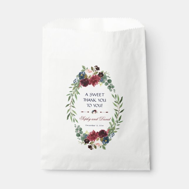 Sachets En Papier Merlot Marine Bleu Floral Fleur Mariage MERCI (Devant)