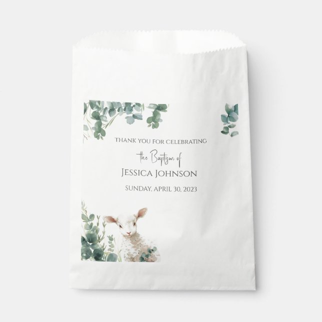 Sachets En Papier Minuscule agneau de bébé et baptême d'Eucalyptus (Devant)