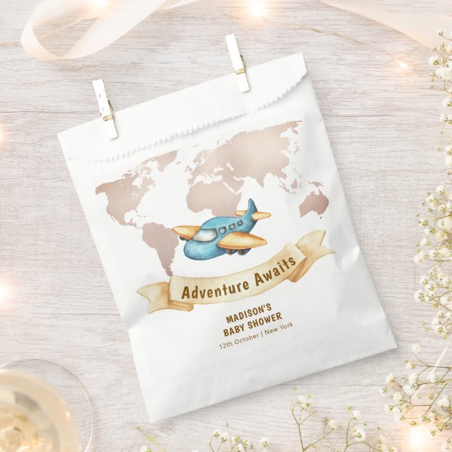 Sachets En Papier Modern Adventure World Map Airplane Baby Shower  (Coupé)