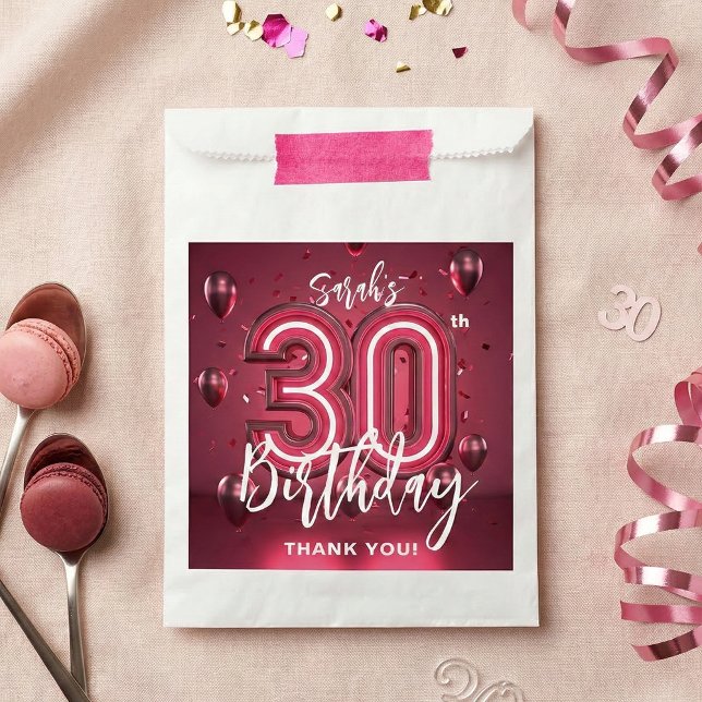 Sachets En Papier Modern Magenta Pink 30th Birthday Thank You (Créateur téléchargé)