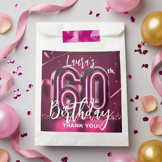 Sachets En Papier Modern Pink Neon 3D 60th Birthday Party Thank You (Créateur téléchargé)