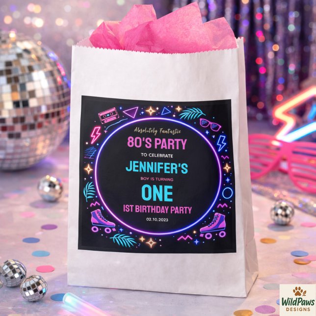 Sachets En Papier Modern Retro Neon 80’s 1st Birthday Party (Modern Retro Neon 80’s 1st Birthday Party favor bag )