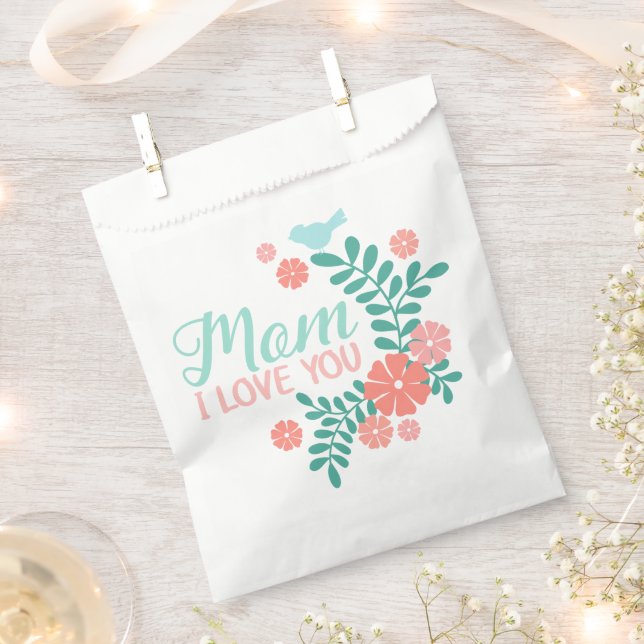 Sachets En Papier Mom I love you text in cute floral bird design (Coupé)