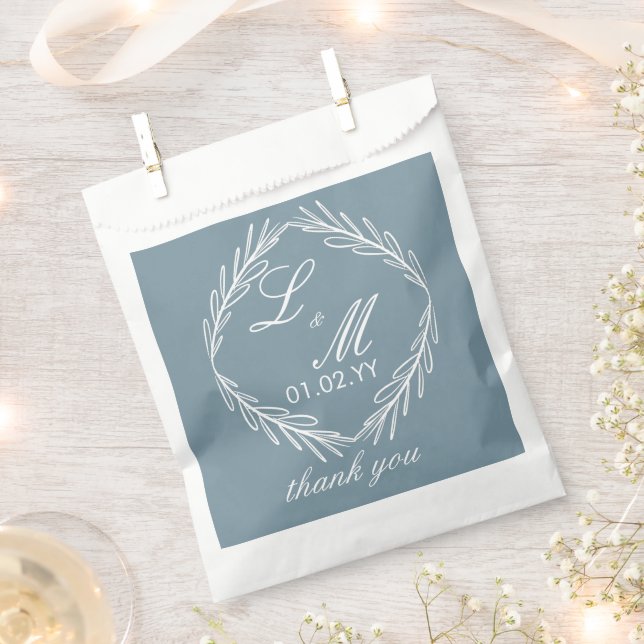 Sachets En Papier Monogram Script Branch Bleu Poussiéreux Mariage    (Coupé)