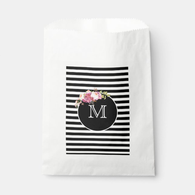 Sachets En Papier Monogramme Bande noire et blanche avec Fleurs (Devant)