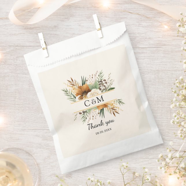 Sachets En Papier Monogramme, boho, boquet de fleurs élégant (Coupé)