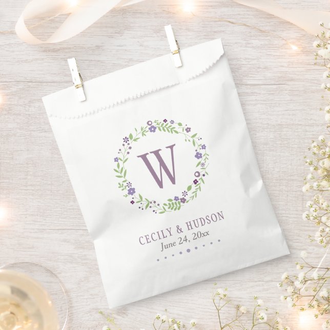 Sachets En Papier Monogramme Mariage de germe vert violet rustique (Coupé)