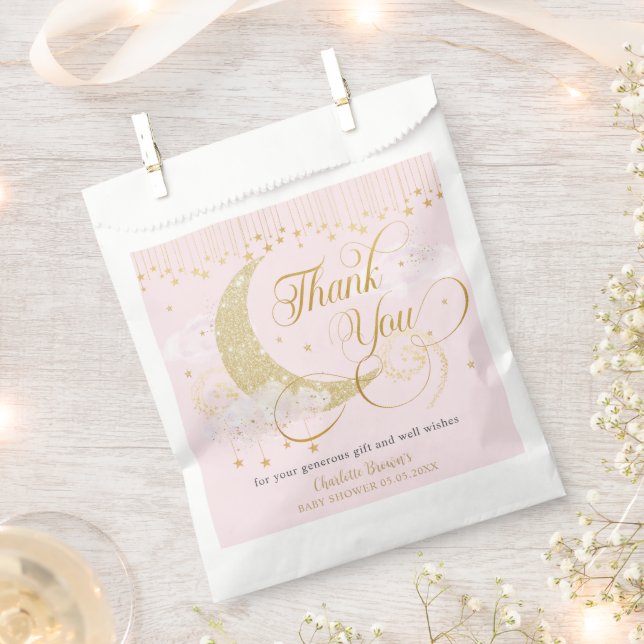Sachets En Papier Moon and Stars Pastel Pink Baby Shower Thank You (Coupé)