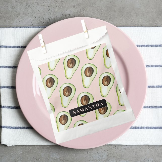 Sachets En Papier Motif Avocado Rose Et Vert Moderne Avec Nom (Créateur téléchargé)