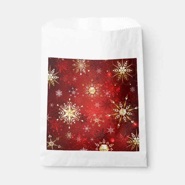 Sachets En Papier Noël Golden Snowflakes sur Arrière - plan rouge (Devant)