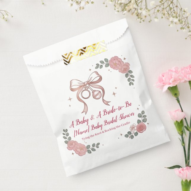 Sachets En Papier Nœud Rose et Roses Coquette | Bébé et Mariée Ensem (Scellé)