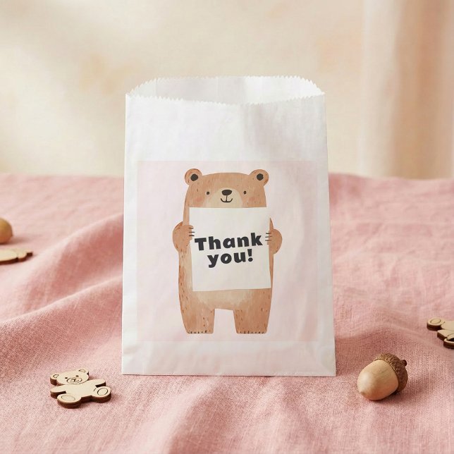 Sachets En Papier Nom ou message de l'ours mignon Signer rose (Cute Bear Holding name or message Sign pink Favor Bag.)