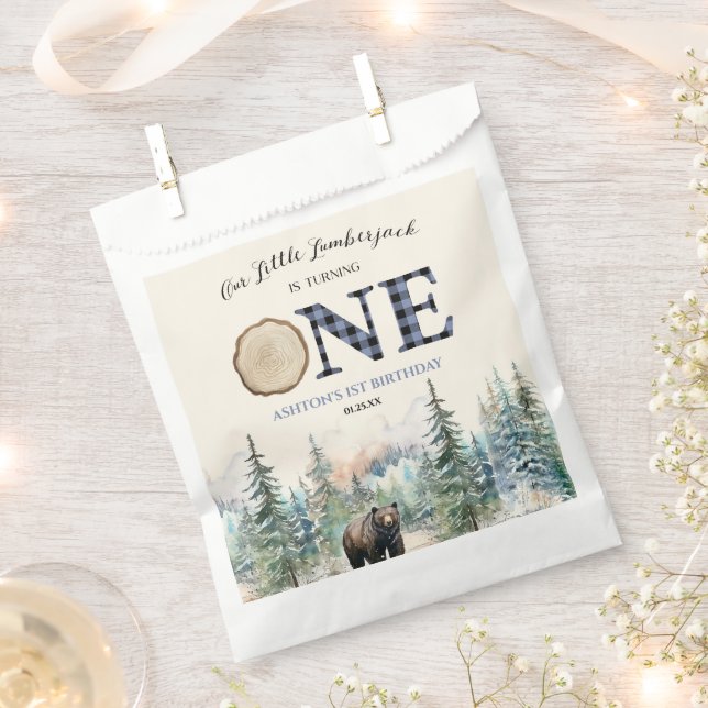 Sachets En Papier Notre petit bûcheron Ours Bleu 1er anniversaire fê (Coupé)