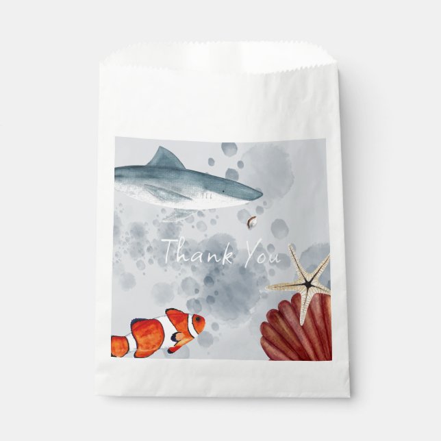 Sachets En Papier Ocean Animaux Fish Shells Party Blue Merci (Devant)