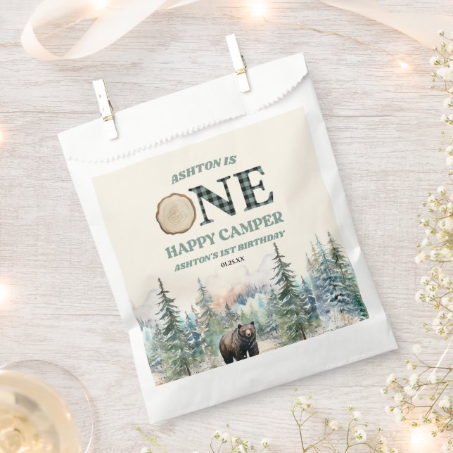 Sachets En Papier ONE Happy Camper Bear 1er anniversaire fête (Coupé)