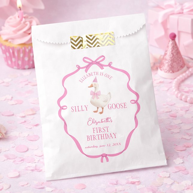 Sachets En Papier One Silly Goose Pink Bow First Birthday  (One Silly Goose Pink Bow First Birthday Favor Bag)