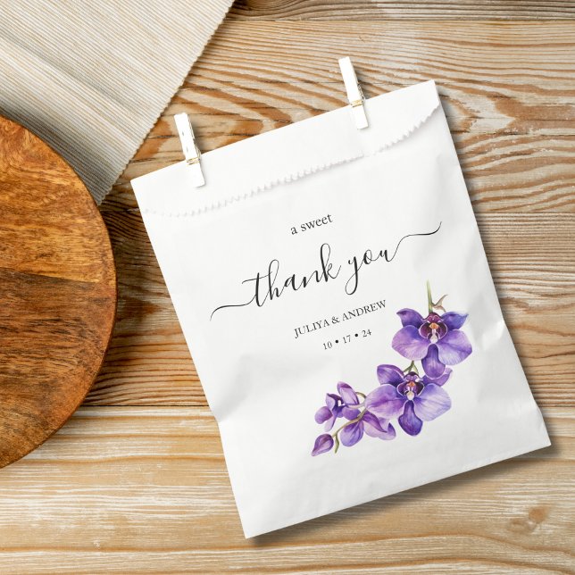 Sachets En Papier Orchidée violette et mariage de script blanc (Créateur téléchargé)