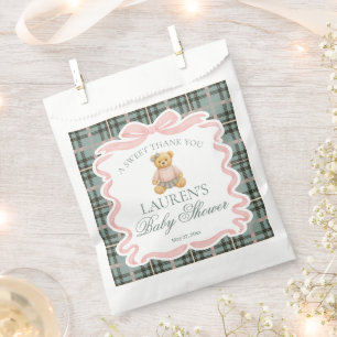 Sachets En Papier Ours à nœud papillon rose en carreaux pour dessert