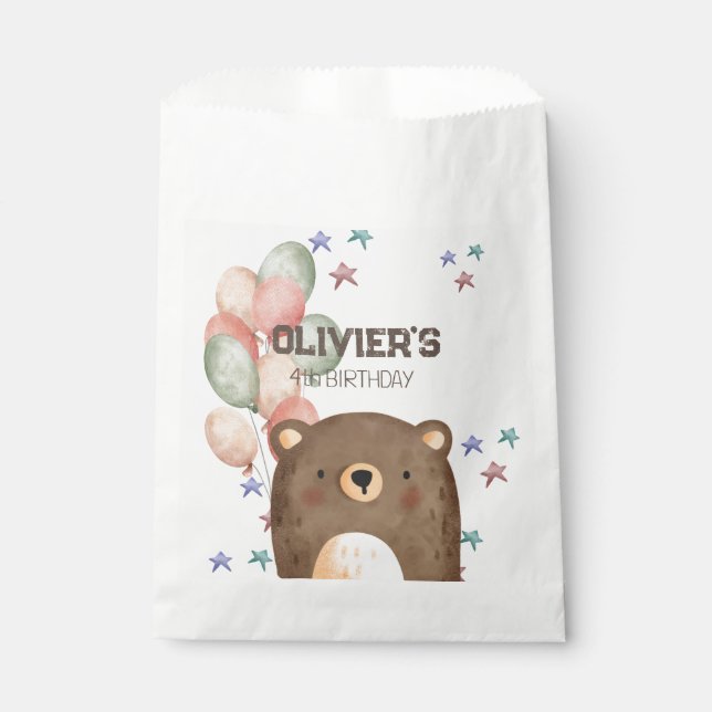 Sachets En Papier ours d'aquarelle avec ballons anniversaire Favoris (Devant)
