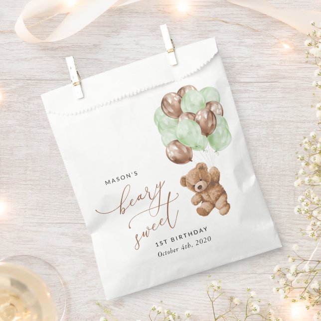 Sachets En Papier Ours En Conflit, Ballons Verts, Premier Anniversai (Coupé)