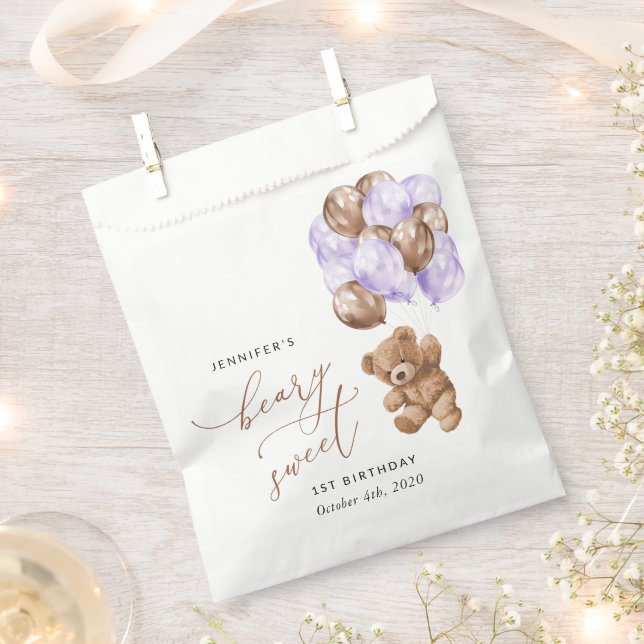 Sachets En Papier Ours En Jeu, Ballons Violets, Premier Anniversaire (Coupé)