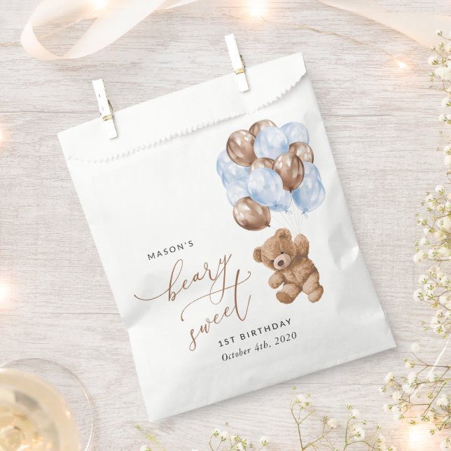 Sachets En Papier Ours En Joue, Ballons Bleus, Premier Anniversaire (Coupé)