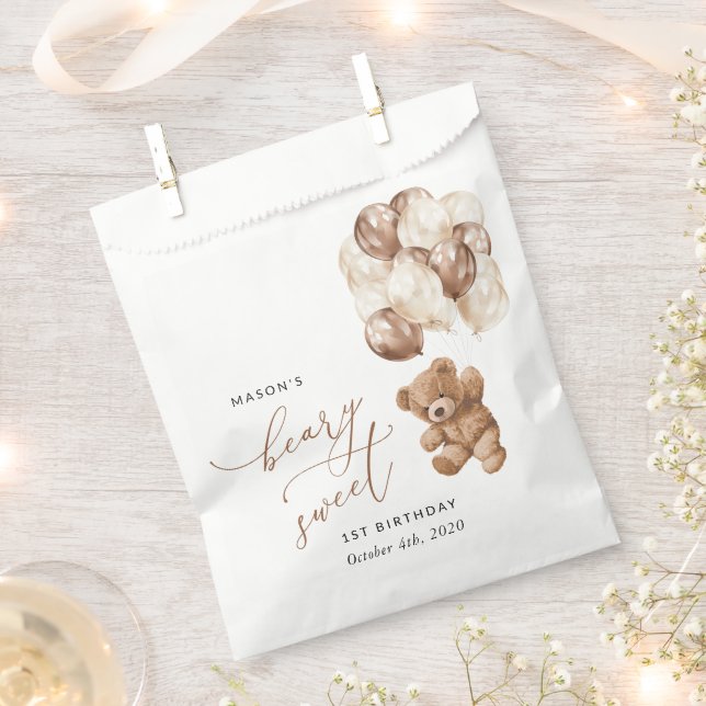 Sachets En Papier Ours En Joue, Ballons Brown, Premier Anniversaire (Coupé)