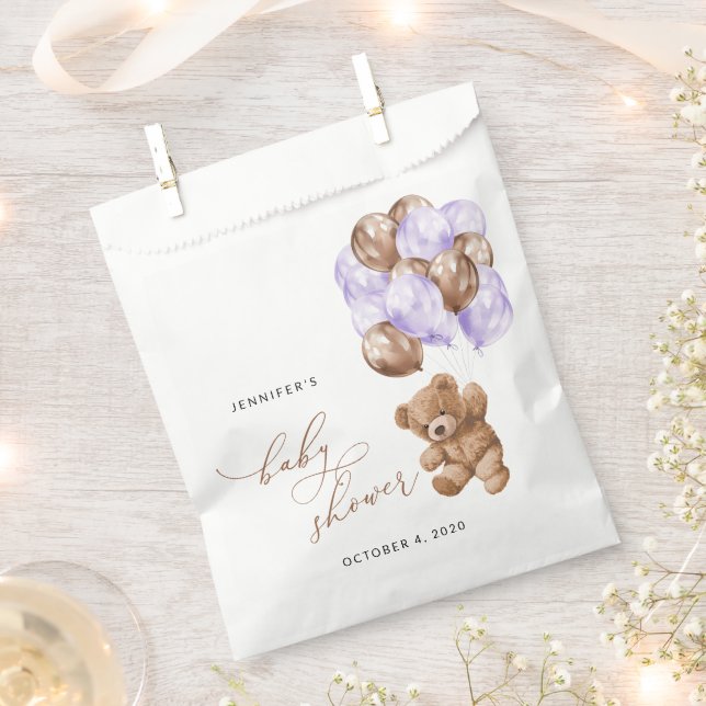 Sachets En Papier ours en peluche, ours bébé, ballon violet, Baby sh (Coupé)