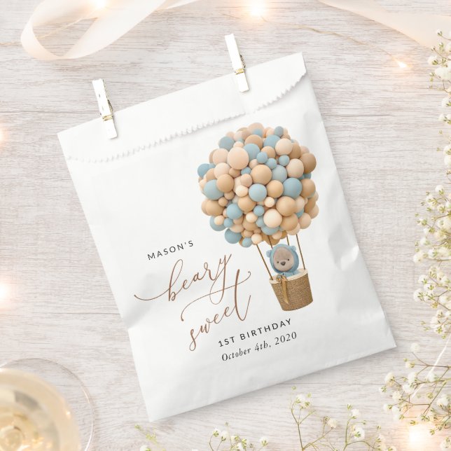 Sachets En Papier Ours mignon, Ballons Bleus, Premier Anniversaire (Coupé)