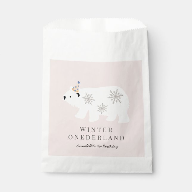 Sachets En Papier Ours polaire Hiver Onederland rose 1er anniversair (Devant)