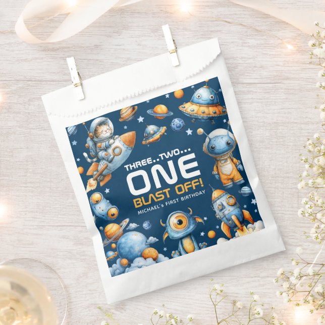 Sachets En Papier Outer Space Astronaut Cat  Blast Off 1st Birthday  (Coupé)