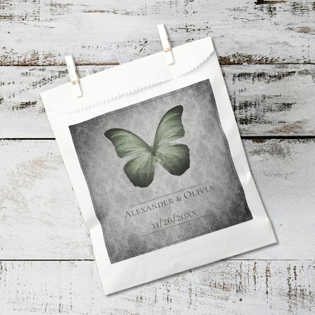 Sachets En Papier Papillon Vintage vert Mariage damassé (Green Vintage Butterfly Damask Wedding Favor Bags)