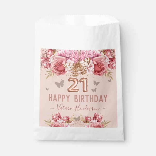 Sachets En Papier Papillons floraux rose heureux 21e anniversaire (Devant)