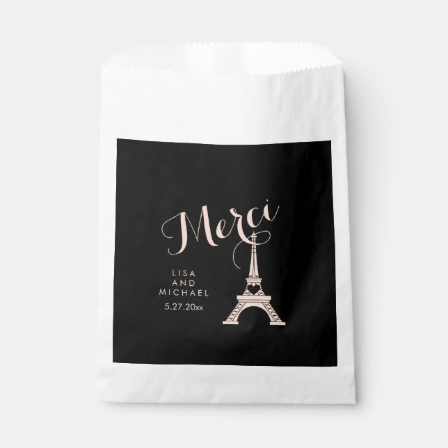 Sachets En Papier Paris noir et rose Mariage avec Tour Eiffel (Devant)