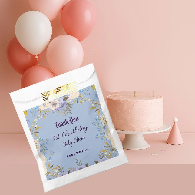 Sachets En Papier Pastel Blue Little Flower Bud Floral 1er anniversa (Pastel Blue Little Flower Bud Floral 1st Birthday Favor Bag)
