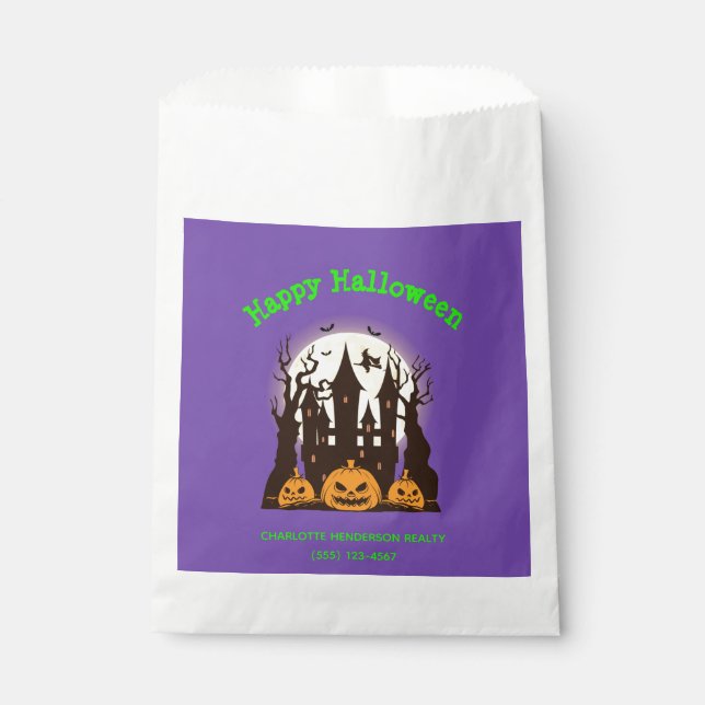 Sachets En Papier Personnalisé Happy Halloween Haunted Maison violet (Devant)