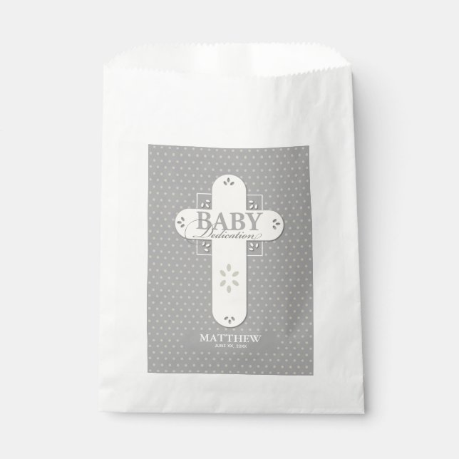 Sachets En Papier Personnaliser, Dédication bébé Crème et Croix gris (Devant)