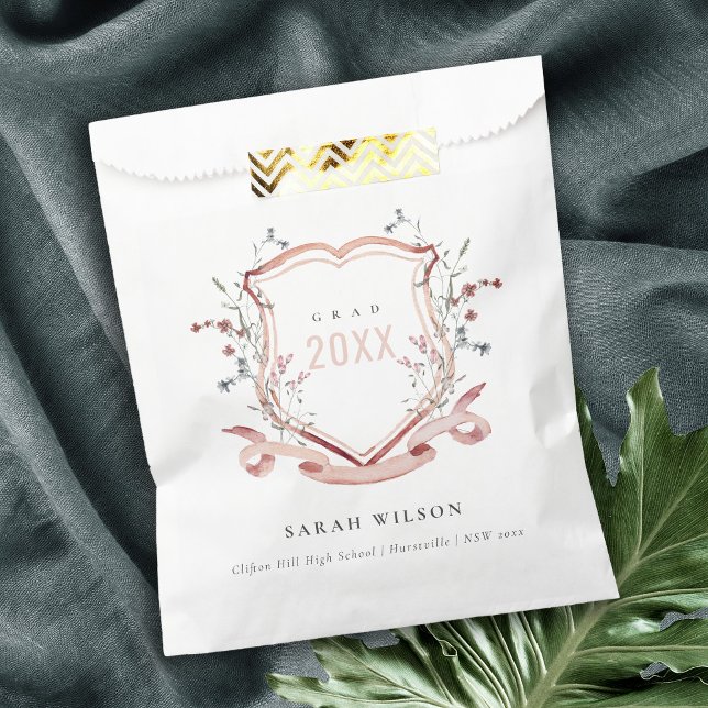 Sachets En Papier Pink Blush Fleur sauvage Aquarelle Crest Graduatio (Créateur téléchargé)