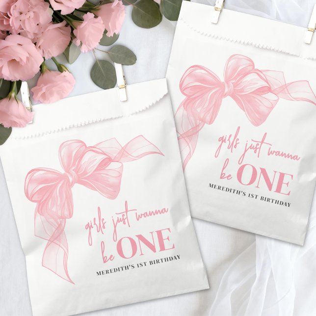 Sachets En Papier Pink Bow Girls 1st Birthday (Pink Bow Girls 1st Birthday Favor Bag)