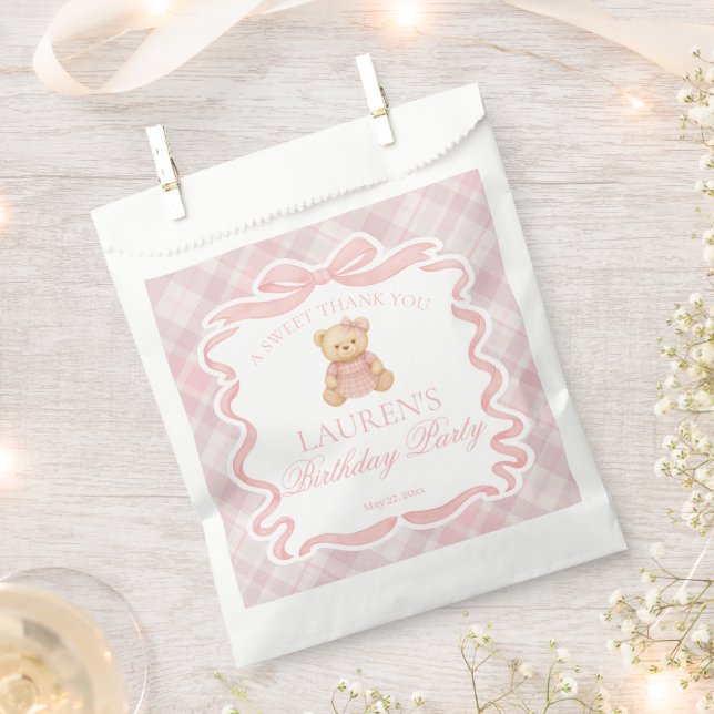 Sachets En Papier Pink Coquette Bow Bear Plaid Birthday Dessert (Coupé)