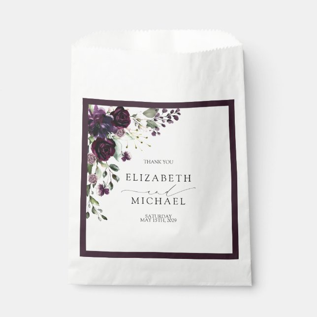 Sachets En Papier Plum violet mauve Floral Aquarelle Script Mariage (Devant)