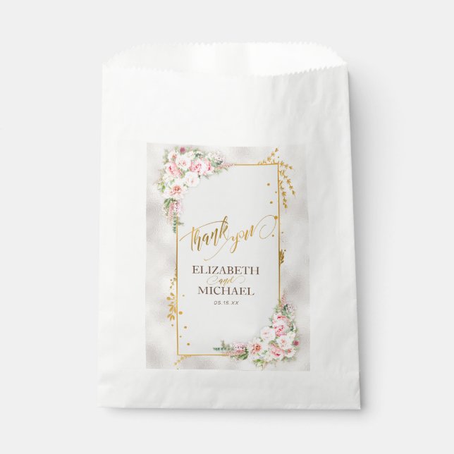 Sachets En Papier Pony rose Floral Gold Script & Mariage de cadre (Devant)