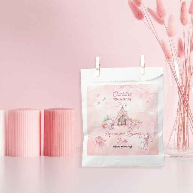 Sachets En Papier Popcorn rose et Pyjamas Swood fête d'anniversaire (Pink "Popcorn and Pajamas" Slumber | Sleepover Birthday Party Favor Bags)
