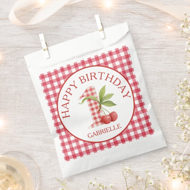 Sachets En Papier Premier anniversaire rouge à gingham de bébé Cherr (Coupé)