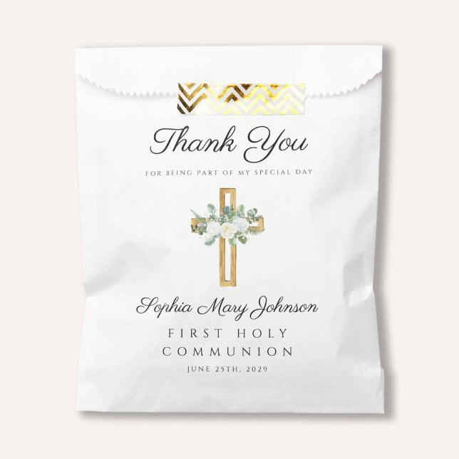 Sachets En Papier Première communion florale blanche élégante (Elegant White Floral First Communion Favor Bag)