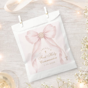 Sachets En Papier Première Sainte Communion Croix Dorée Ruban Rose