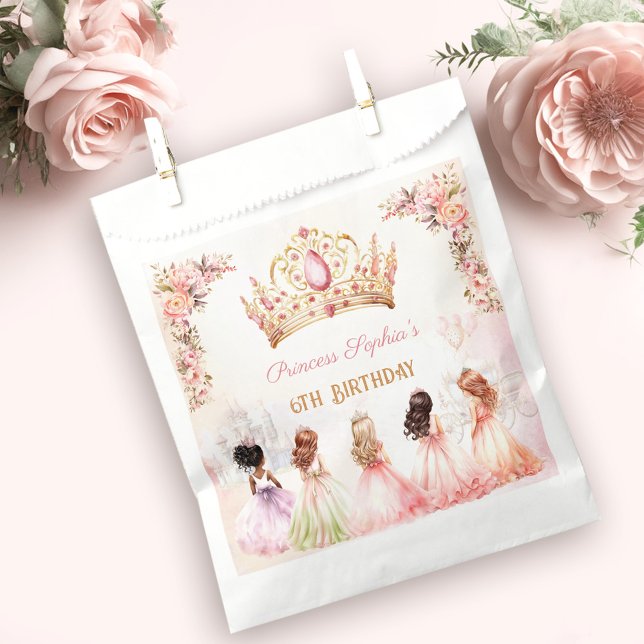 Sachets En Papier Princess Crown Rose or Floral Girl Anniversaire (Princess Crown Pink Gold Floral Girl Birthday Favor Bag)