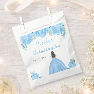 Sachets En Papier Princesse aux Cheveux Bruns Robe Florale Bleue Qui