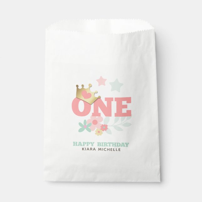 Sachets En Papier Princesse rose "One" Crown Baby Girl Premier anniv (Devant)