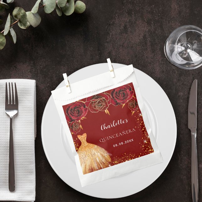 Sachets En Papier Quinceanera fleurs de robe rouge or (Créateur téléchargé)